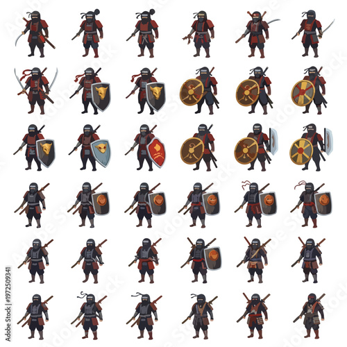 Collection of samurai warriors in various armor and poses with weapons and shields.