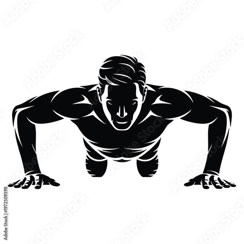 A muscular man performing a push up captured in a striking black and white silhouette