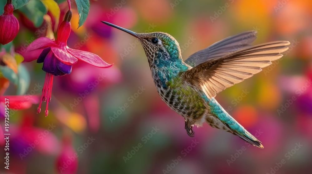 Fototapeta premium Hummingbird in Flight Among Colorful Flowers