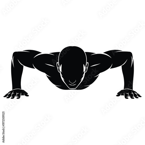 A muscular man performing a push up captured in a striking black and white silhouette