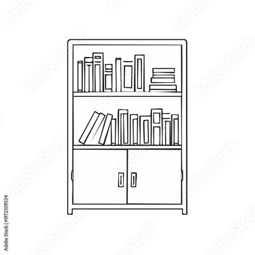 Line Art Bookshelf with Books and Cabinet