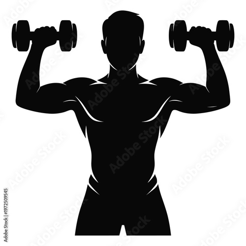A muscular man lifting dumbbells overhead in a stark black silhouette high-quality