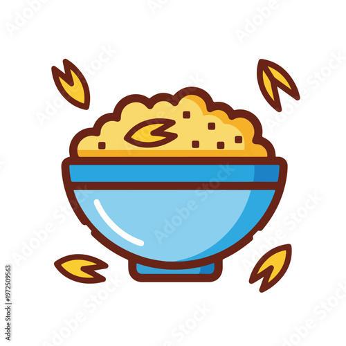 Cartoon style bowl of cereal or porridge with grains floating around.
