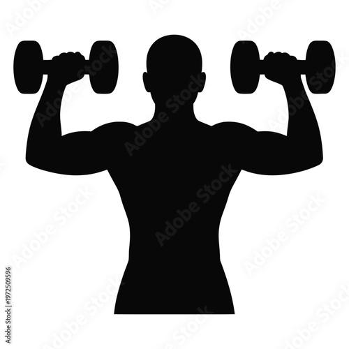 A muscular man lifting dumbbells overhead in a stark black silhouette high-quality