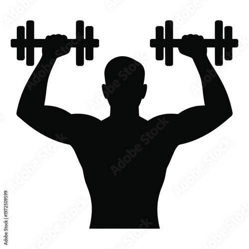 A muscular man lifting dumbbells overhead in a stark black silhouette high-quality