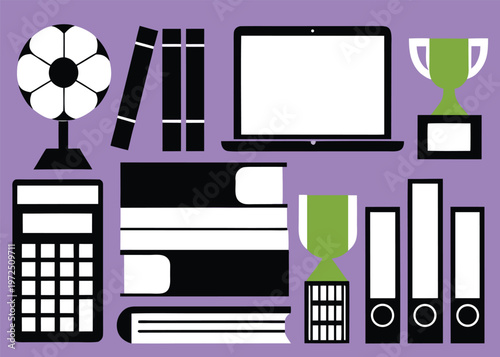 Various educational icons including a laptop trophies binders and a calculator are arranged on a solid purple background in a flat style.