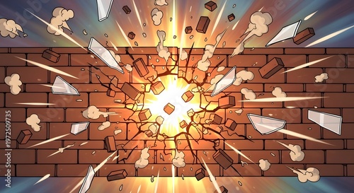 Explosive Brick Wall Breakthrough with Shattered Debris Burst