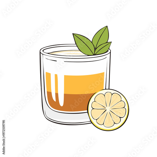 Refreshing beverage in a glass with mint and a lemon slice illustration
