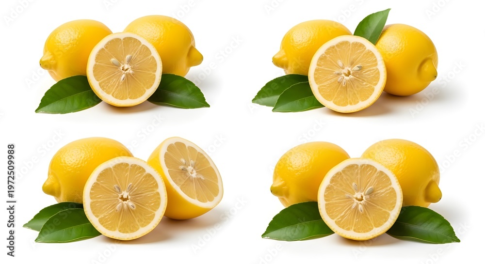 Fototapeta premium Lemons with leaves and sliced halves in four different arrangements on transparent background