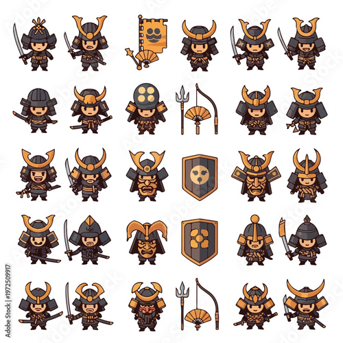 Collection of Chibi Samurai Warrior Characters.