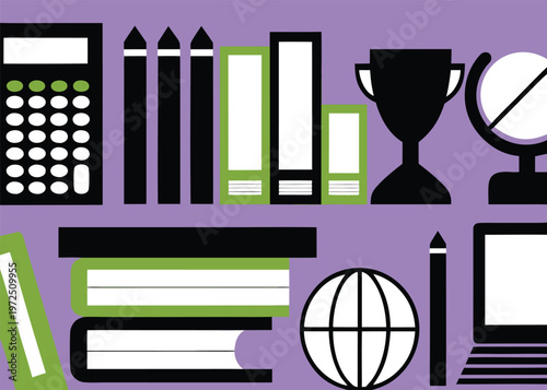 An assortment of educational icons such as pencils binders globes and a trophy is arranged in a cluster on a solid purple background.