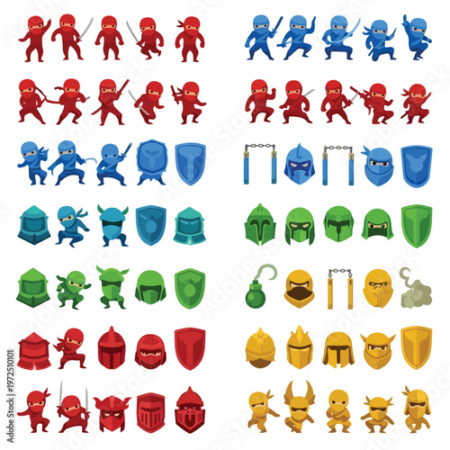 Colorful plastic toy figurines and shields.