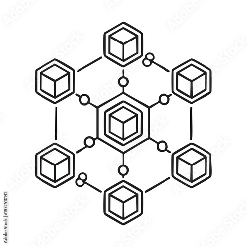 Abstract network of interconnected hexagonal blocks and cubes