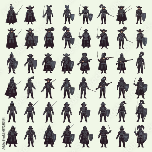 Collection of medieval fantasy knight silhouettes with weapons and shields.