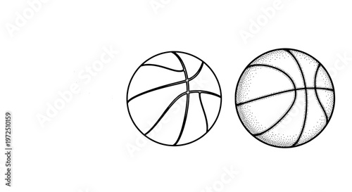 Basketballs line art illustration with black lines and shading effects featuring basketball, basket ball, sports ball with game ball and athletic