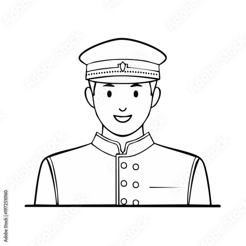 Smiling man in uniform with cap wearing a service jacket