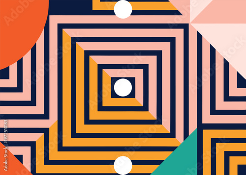 A complex geometric composition of concentric square lines in navy and peach colors featuring three white dots and a large orange circular segment.