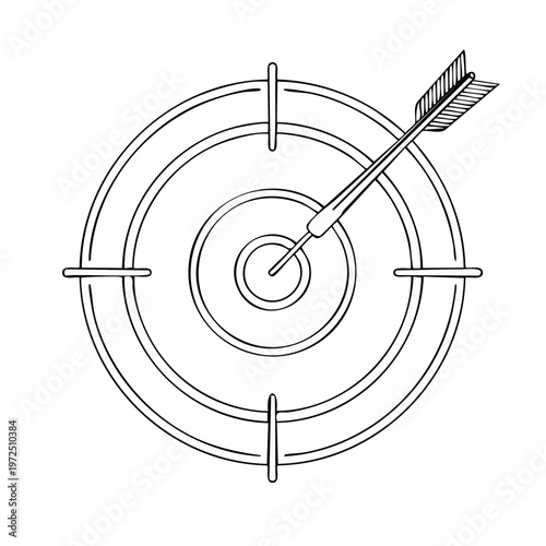 Black and white illustration of a dart hitting the bullseye on a target