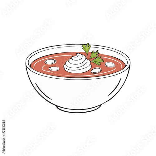 Simple illustration of a bowl of hearty soup garnished with cream and parsley