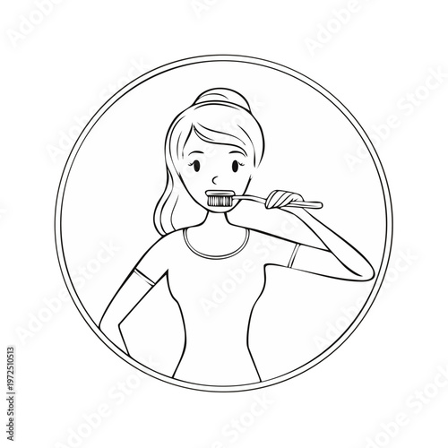Woman's hand brushing teeth with toothbrush inside a circle line art illustration