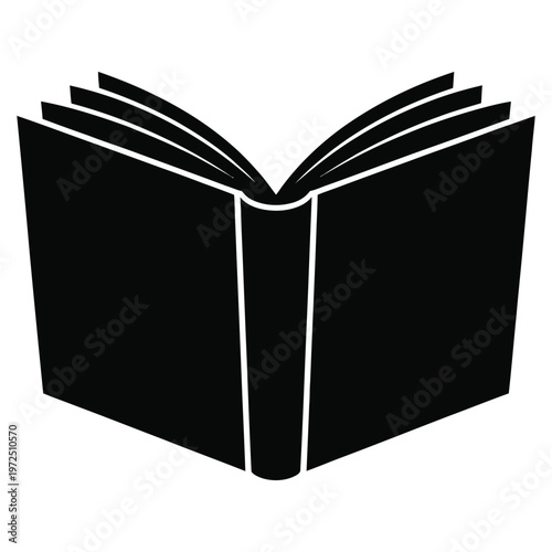 A simple black silhouette of an open book with visible pages creating a stark contrast silhouette