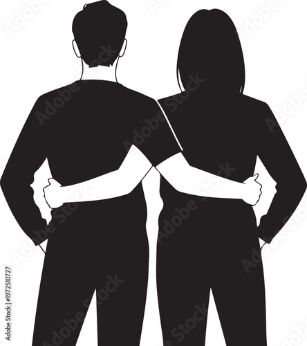Back view silhouette of a best friend standing together with arms around each other