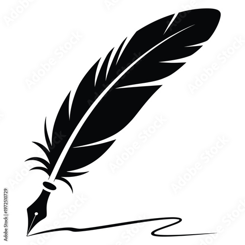 A detailed black silhouette of a quill pen with ink flowing evoking classic writing styles silhouette