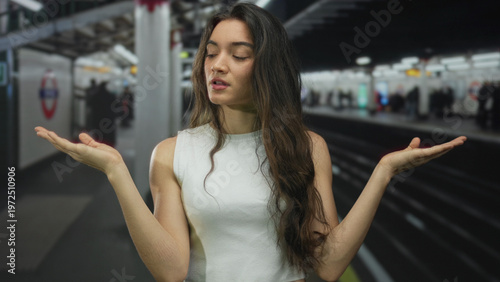 Woman holds both open palms in a pondering gesture at a crowded underground train station platform near tracks; confusion. Free Download Woman holds both open palms in a pondering gesture at a crowded underground train station platform near tracks; confusion. - GFXLoad