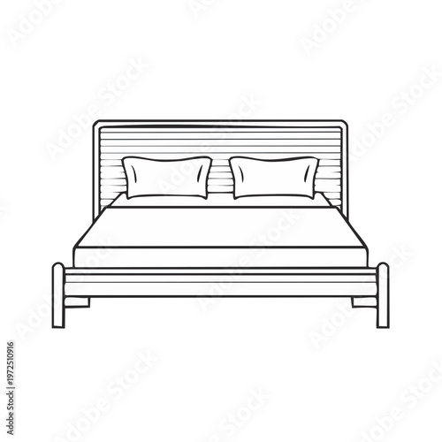 Minimalist illustration of a double bed with a slatted headboard and two pillows