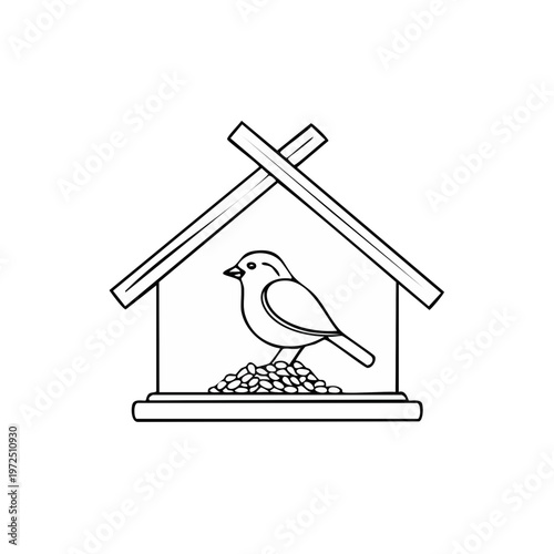 Simple line drawing of a bird perched on seeds inside a classic bird feeder house.