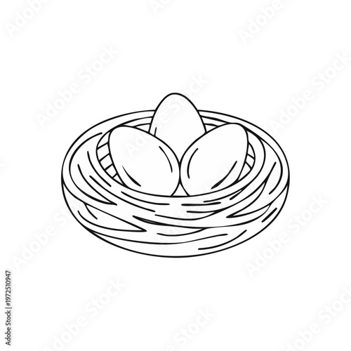 Simple black and white drawing of a bird's nest with three eggs inside