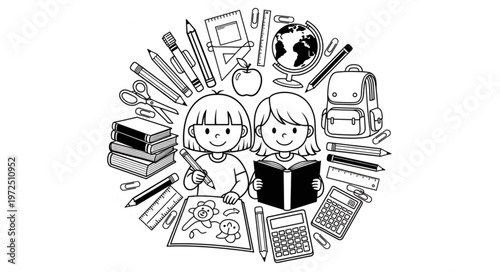 Back to School - Two Girls Surrounded by School Supplies Illustration.