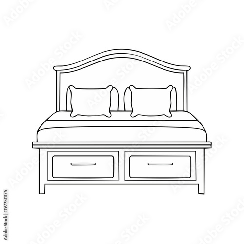 Simple line art drawing of a comfortable double bed with pillows and storage drawers