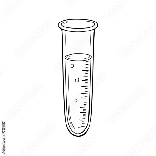 Hand-drawn illustration of a laboratory test tube filled with bubbly liquid and measurement markings