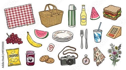 Collection of picnic essentials laid out for a delightful outdoor meal including food drinks and accessories for a perfect summer day