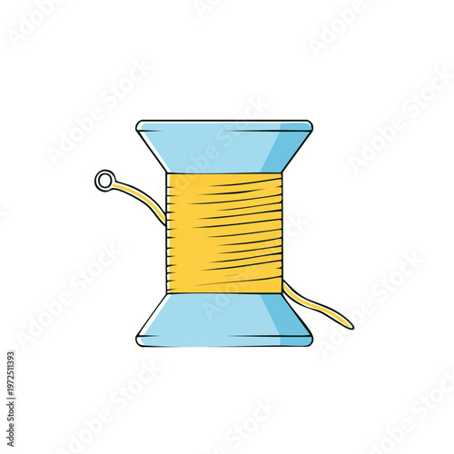 Simple illustration of a sewing thread spool with yellow thread and blue sides