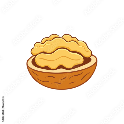 Cartoon illustration of a cracked walnut with the edible kernel revealed