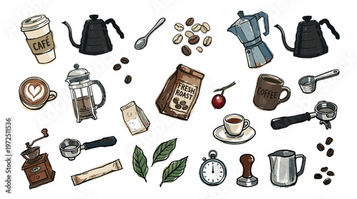 Collection of coffee making elements and accessories for brewing delicious coffee at home or in a cafe