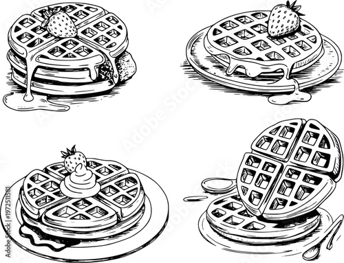 Black and white line of delicious waffles with strawberries and syrup food strawberry