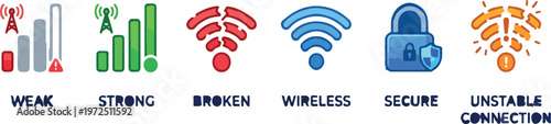 Connection Status Icons Set Vector Illustration with Network Signal and Connectivity Line Design