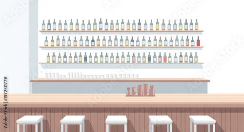 Bar Interior with Shelves of Bottles and Stools.