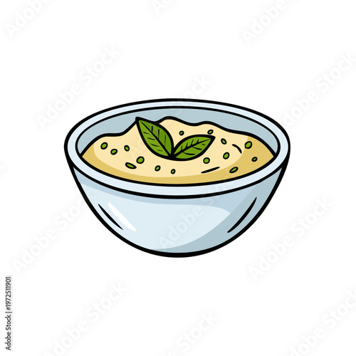 Hand drawn illustration of a bowl filled with creamy yellow dip and fresh green mint leaves