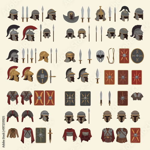Ancient Roman Soldier Military Equipment Set and Armor Collection.