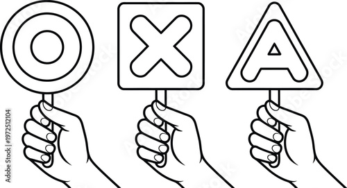 Hands holding signs with circle cross and triangle A symbols for voting or quiz