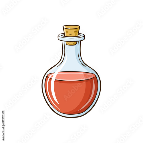 Glass bottle filled with red liquid sealed with a cork stopper