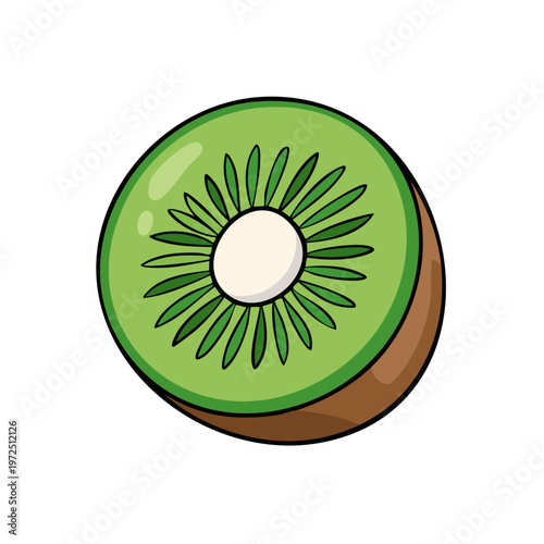 Freshly sliced kiwi fruit in cross section displaying green flesh and black seeds
