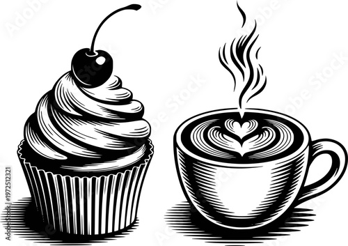 Black and white of a frosted cupcake with cherry and a steaming cup of coffee with latte