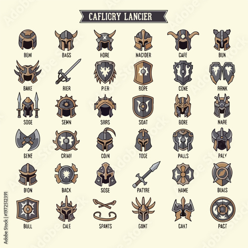 Collection of Medieval Fantasy Warrior Helmets Shields and Weapons Icons.