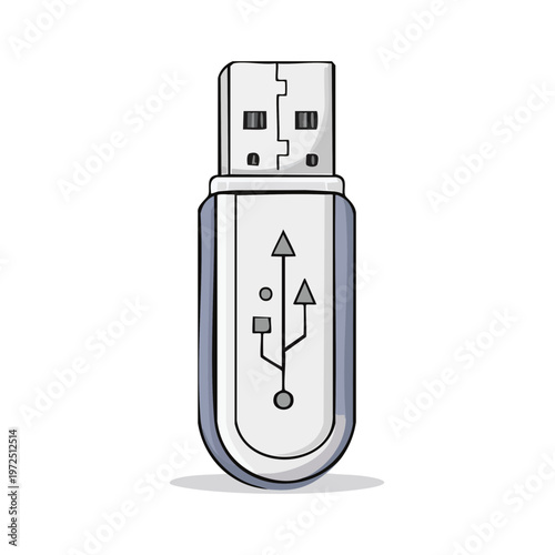 Simple cartoon illustration of a USB flash drive with the universal serial bus symbol