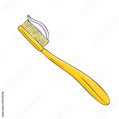 Yellow toothbrush with white toothpaste ready for cleaning teeth